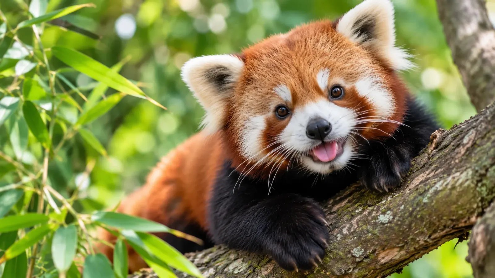 Red panda with a striped tail resting on a tree branch