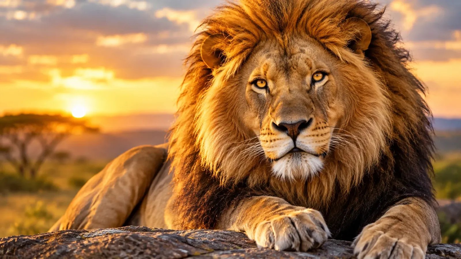 Male lion with a dark mane resting in the savanna