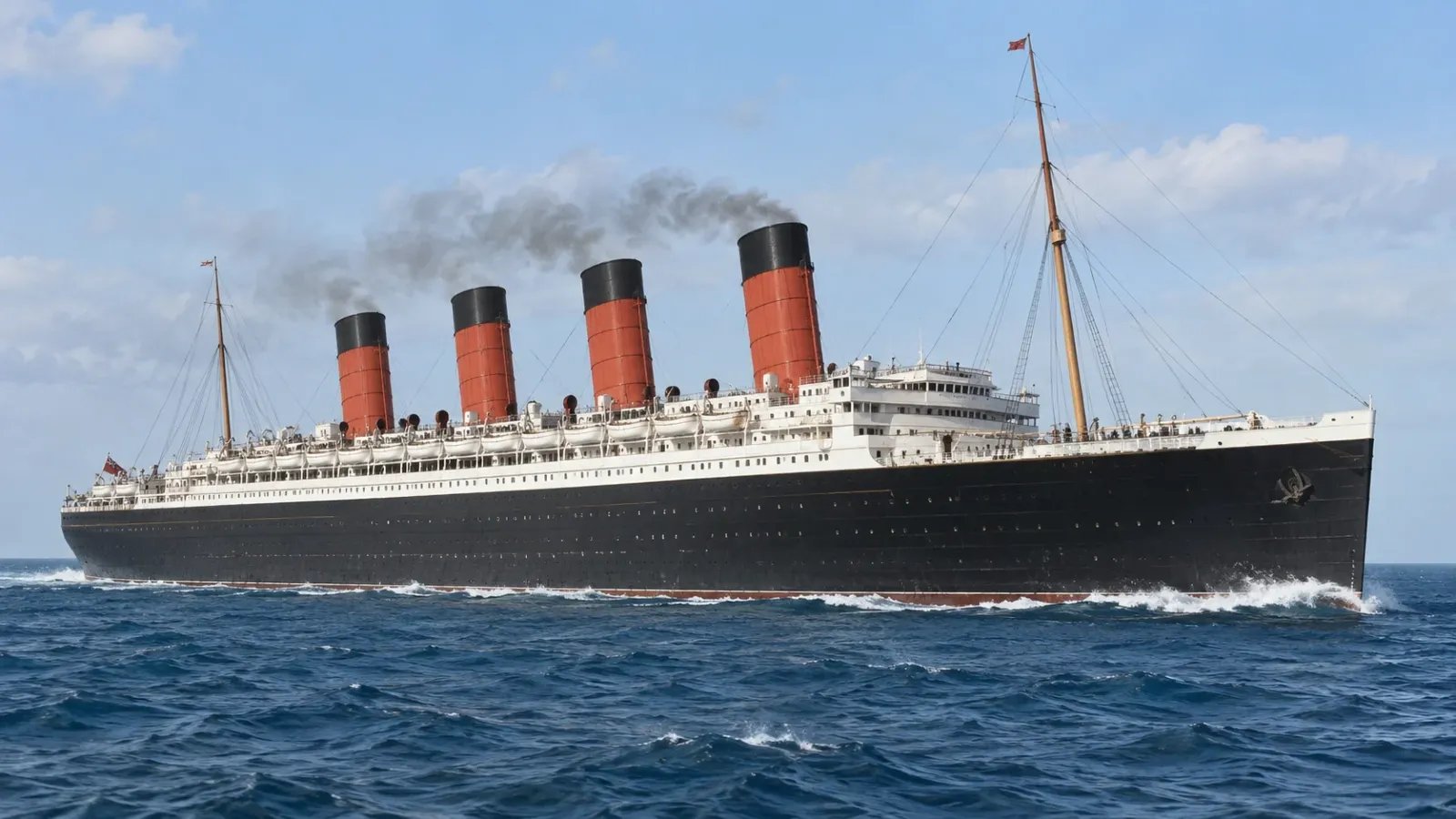 The ocean liner RMS Lusitania with its four funnels at sea