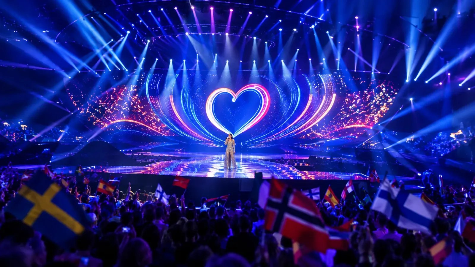 Eurovision Song Contest stage with bright lights and a cheering audience