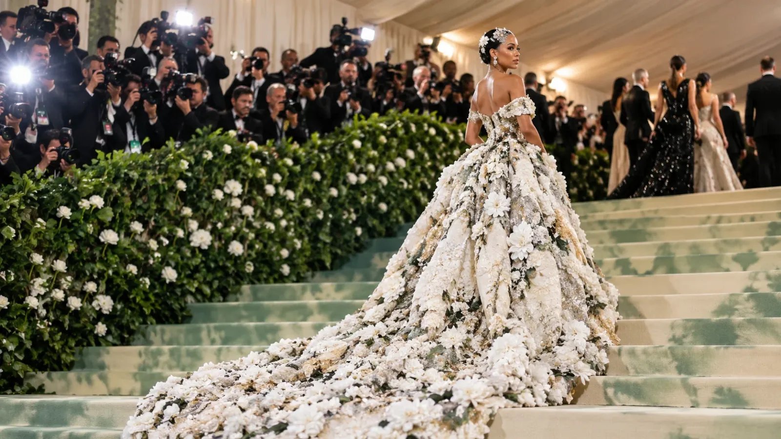 Celebrities in couture gowns on the steps of the Metropolitan Museum of Art during the Met Gala