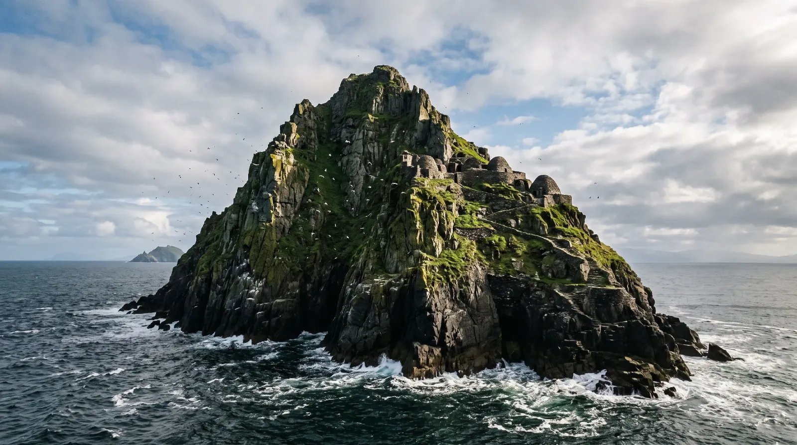 The steep rocky peaks of Skellig Michael rising from the Atlantic Ocean