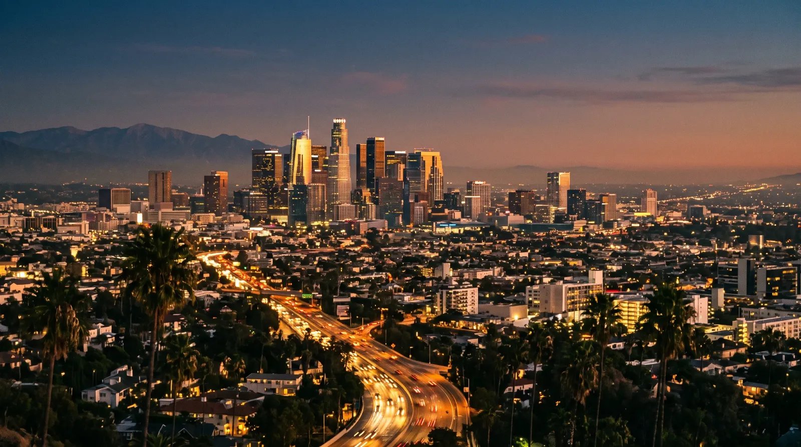 Los Angeles skyline at night with mountains in the background