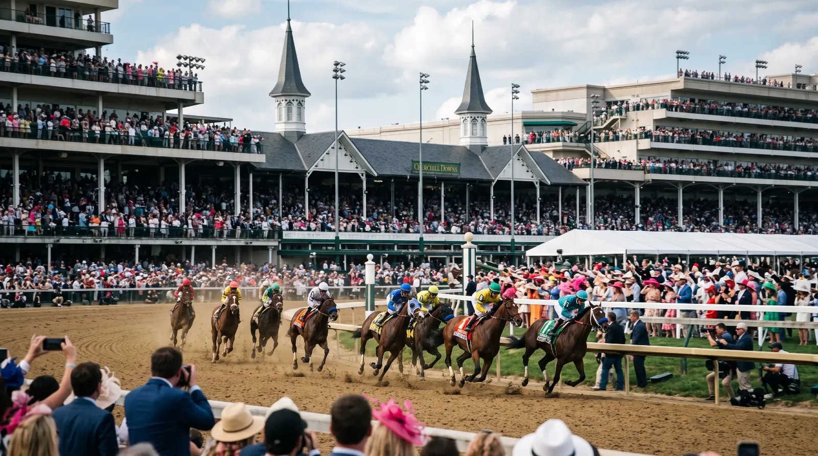 Thoroughbred racehorses and jockeys rounding the turn at Churchill Downs