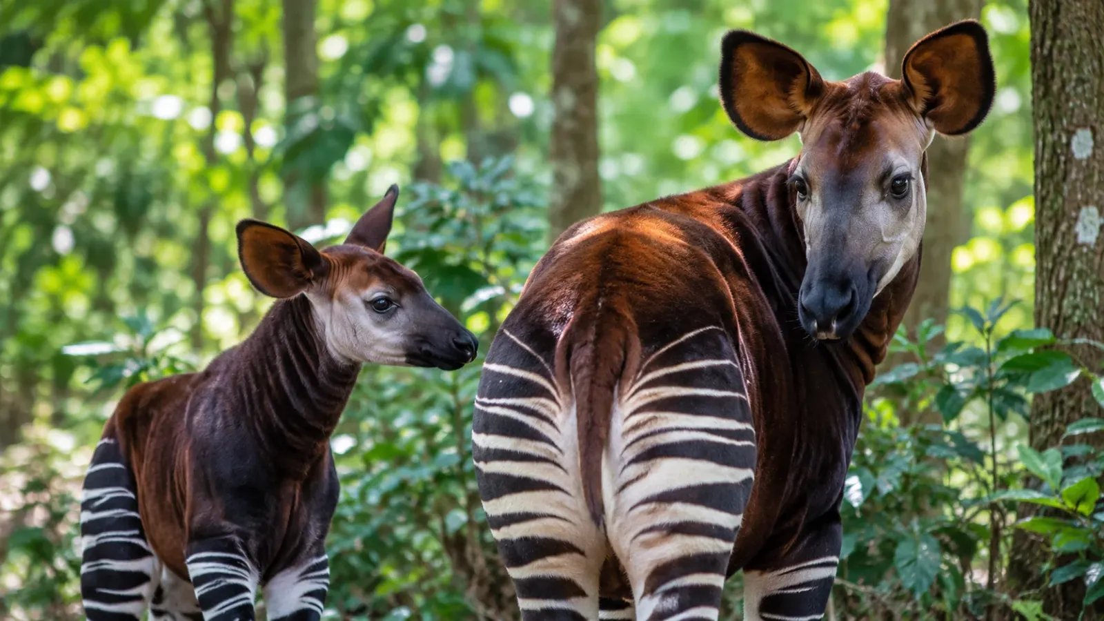 Okapi with striped legs standing in a green rainforest