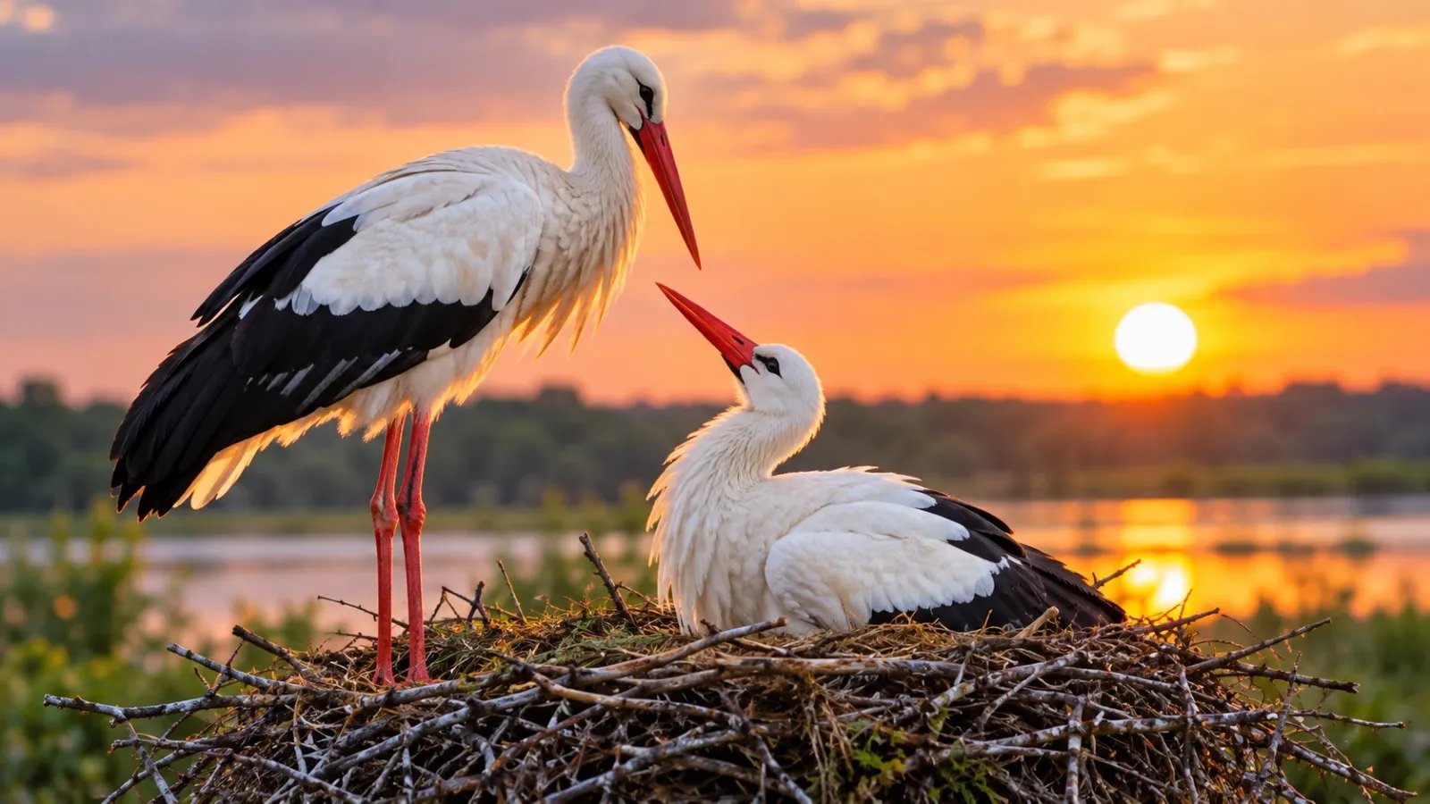 White stork standing on a large nest