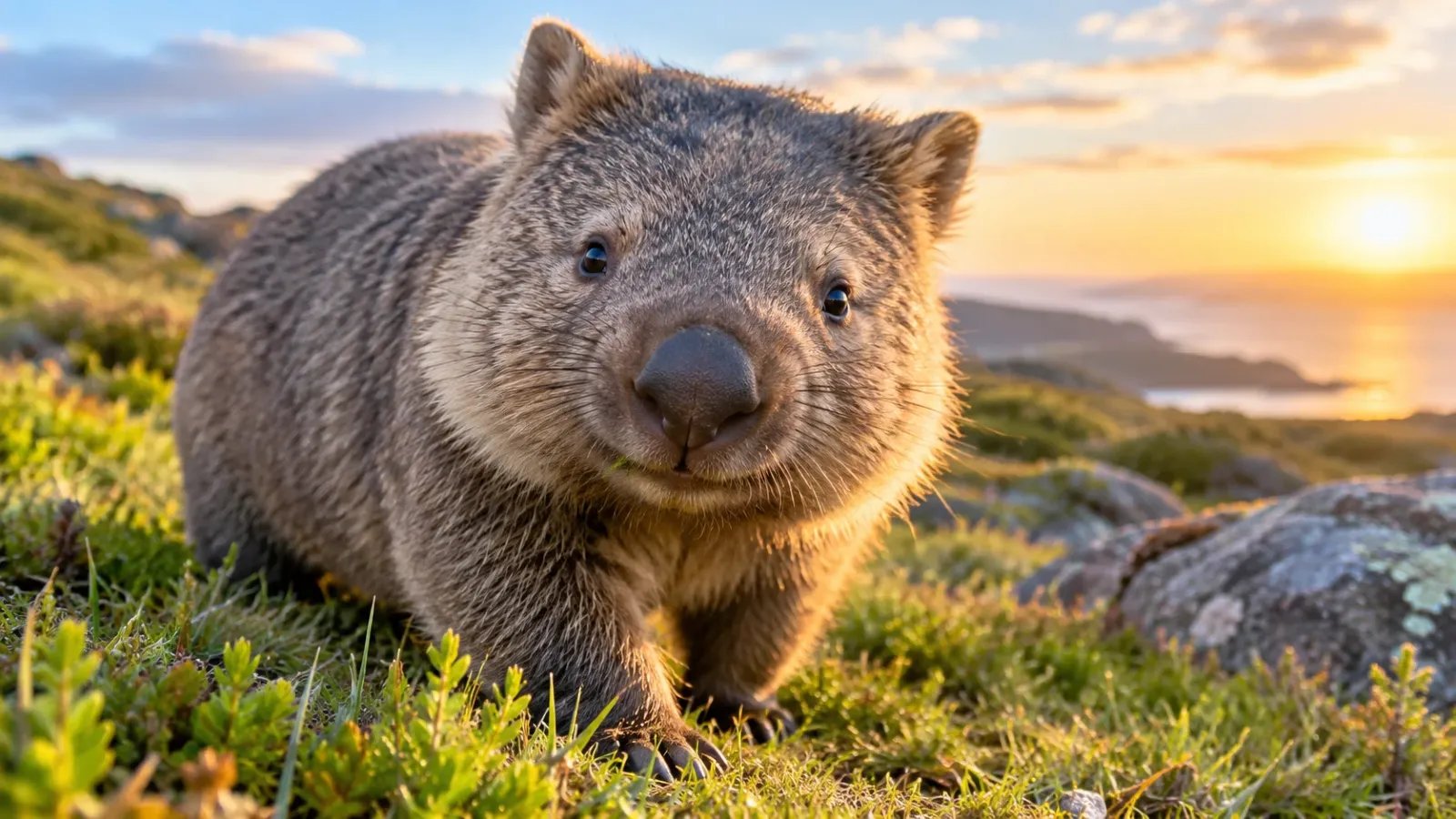 Wombat walking across grass in the Australia