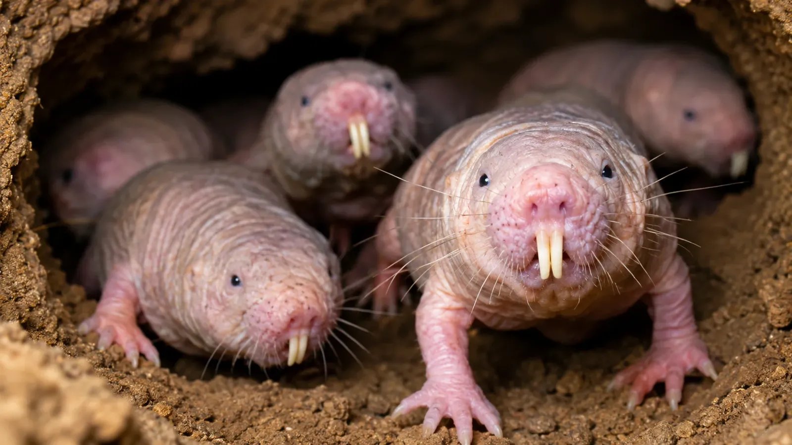 Wrinkly pink naked mole-rat with large front teeth in a tunnel
