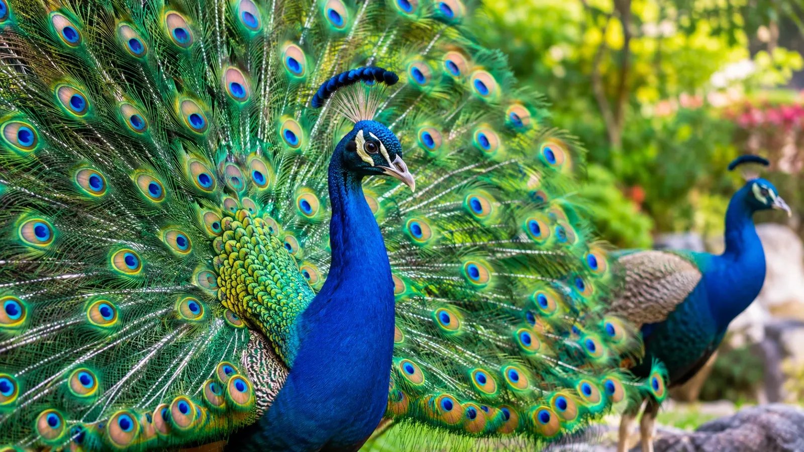 Peacock displaying its shimmering blue and green train of eyespot feathers