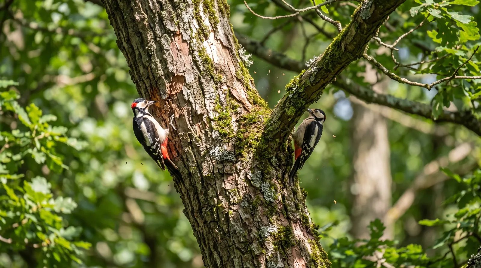 Woodpecker clinging to a tree trunk and pecking at the bark