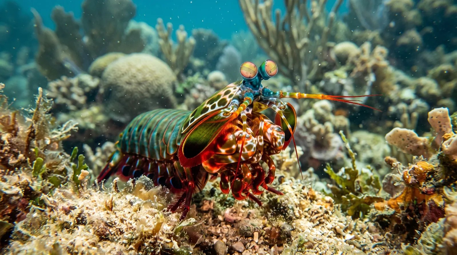Colourful peacock mantis shrimp on the sandy sea floor