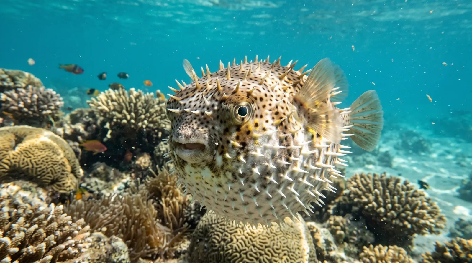 Inflated spiky pufferfish swimming near a coral reef