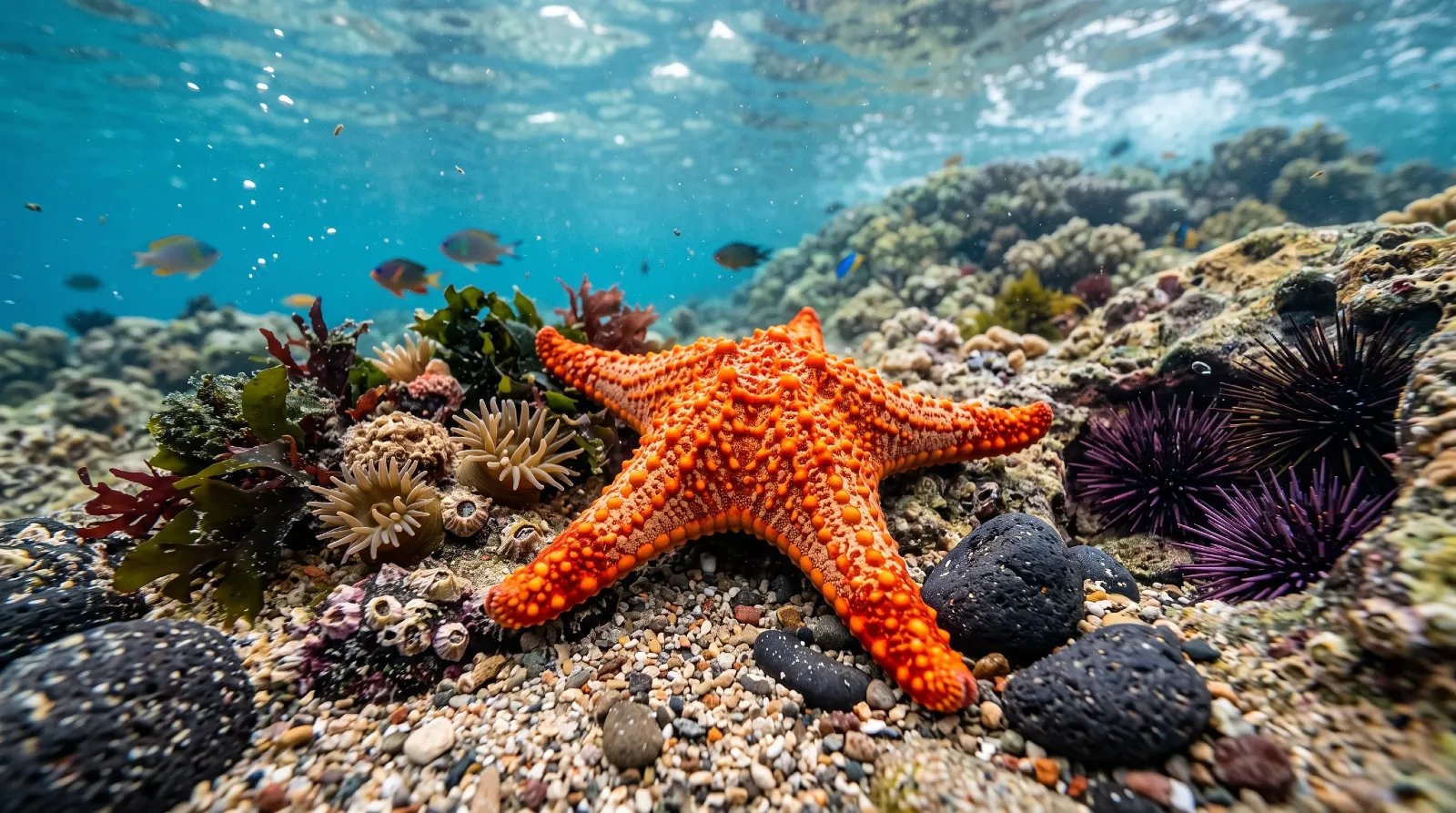 Orange starfish resting on a rock in a tide pool