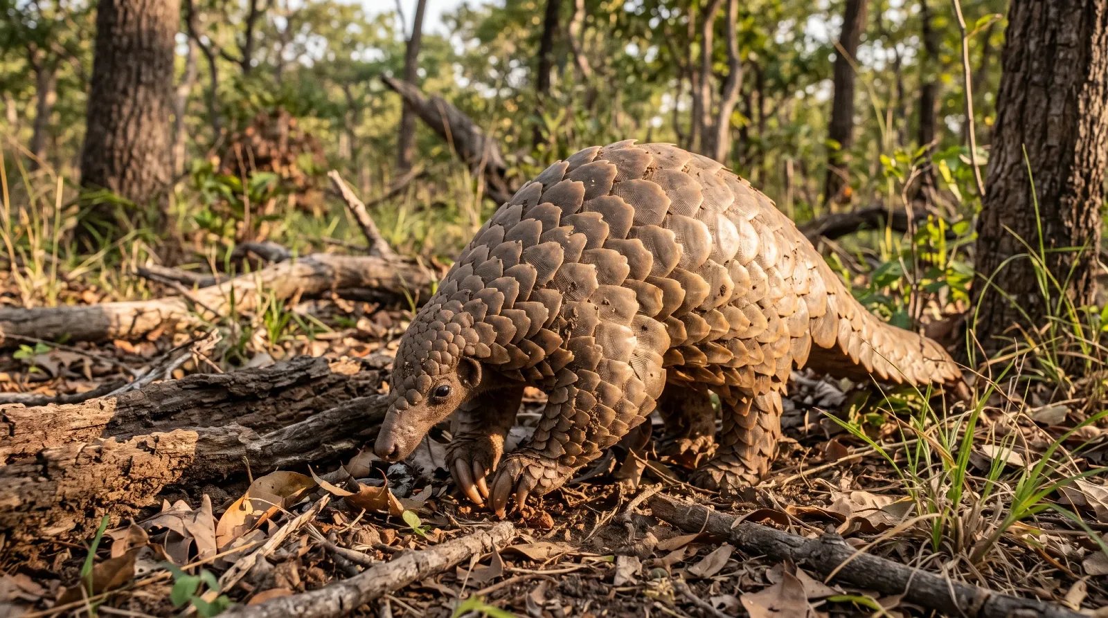 Pangolin covered in overlapping scales walking on the forest floor