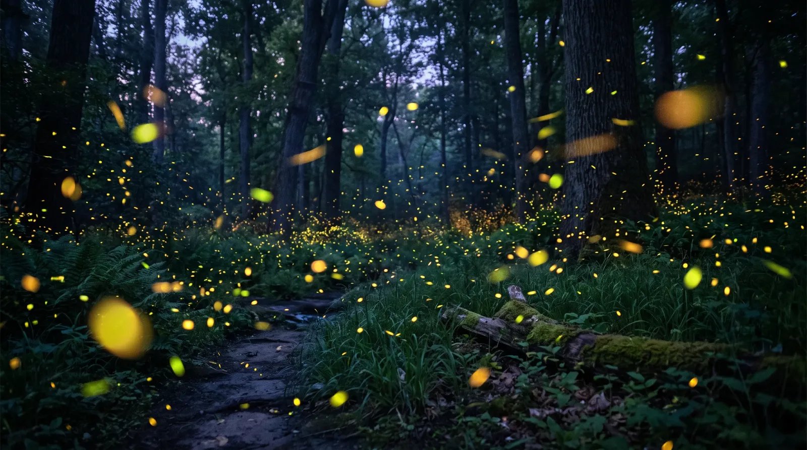 Fireflies glowing above a meadow at dusk