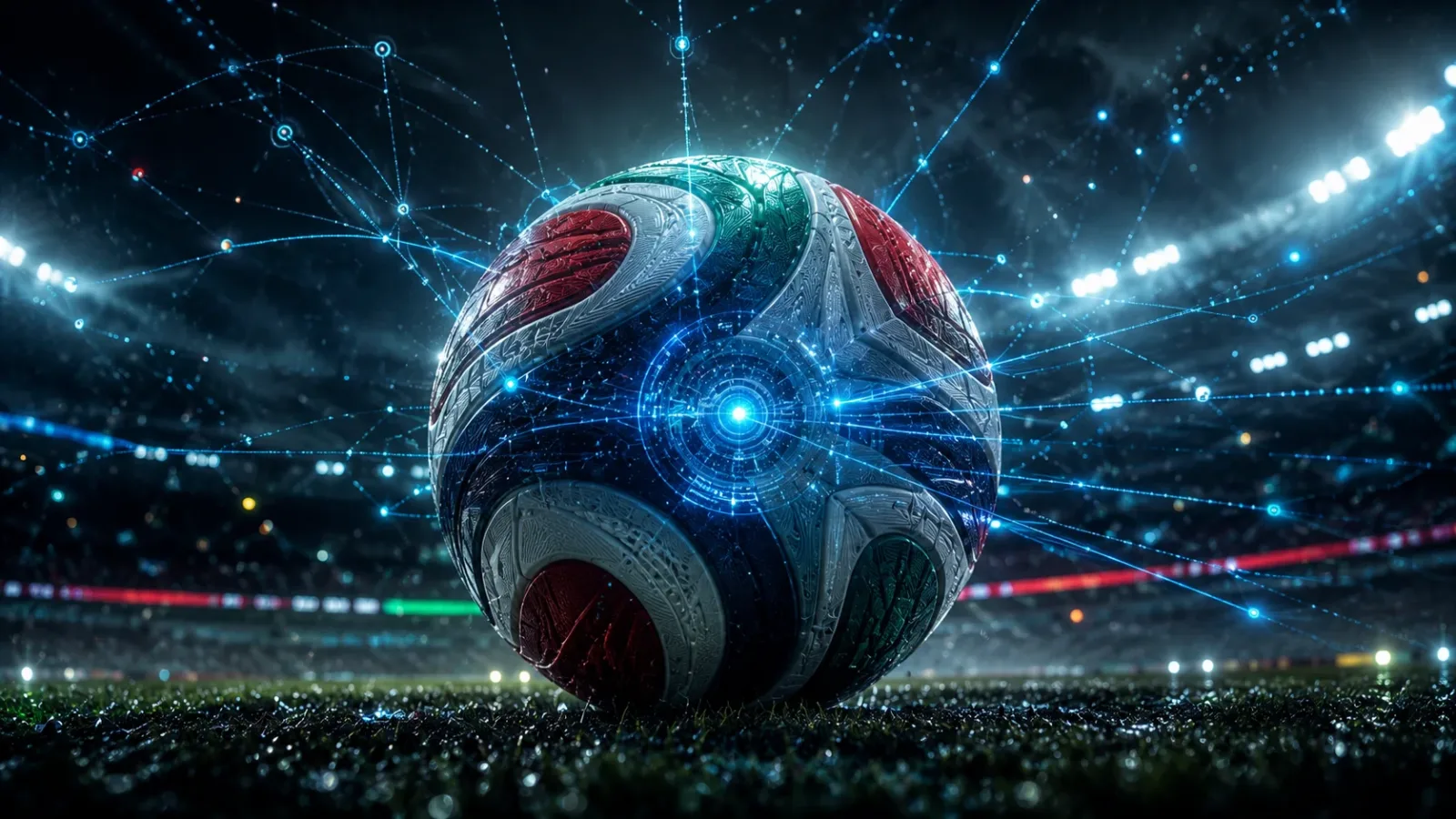 A dynamic close-up of the 2026 World Cup soccer ball at night under floodlights with stylized data streams showing the internal ball-tracking sensors.