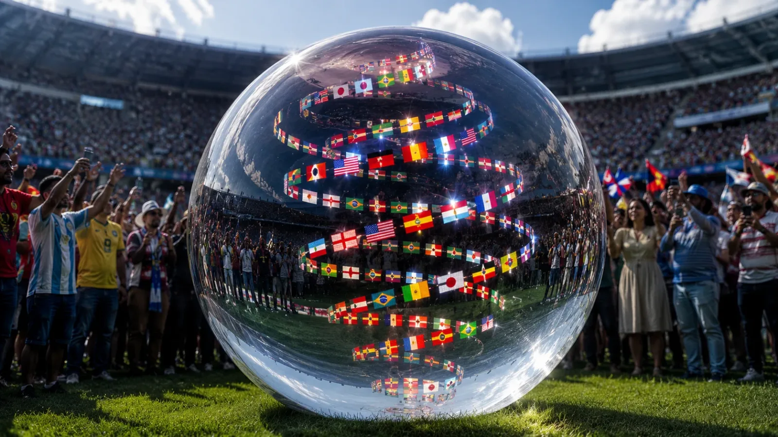 A transparent globe visualization showing 48 tiny illuminated national flags spiraling inside, representing the expanded field of the 2026 World Cup.