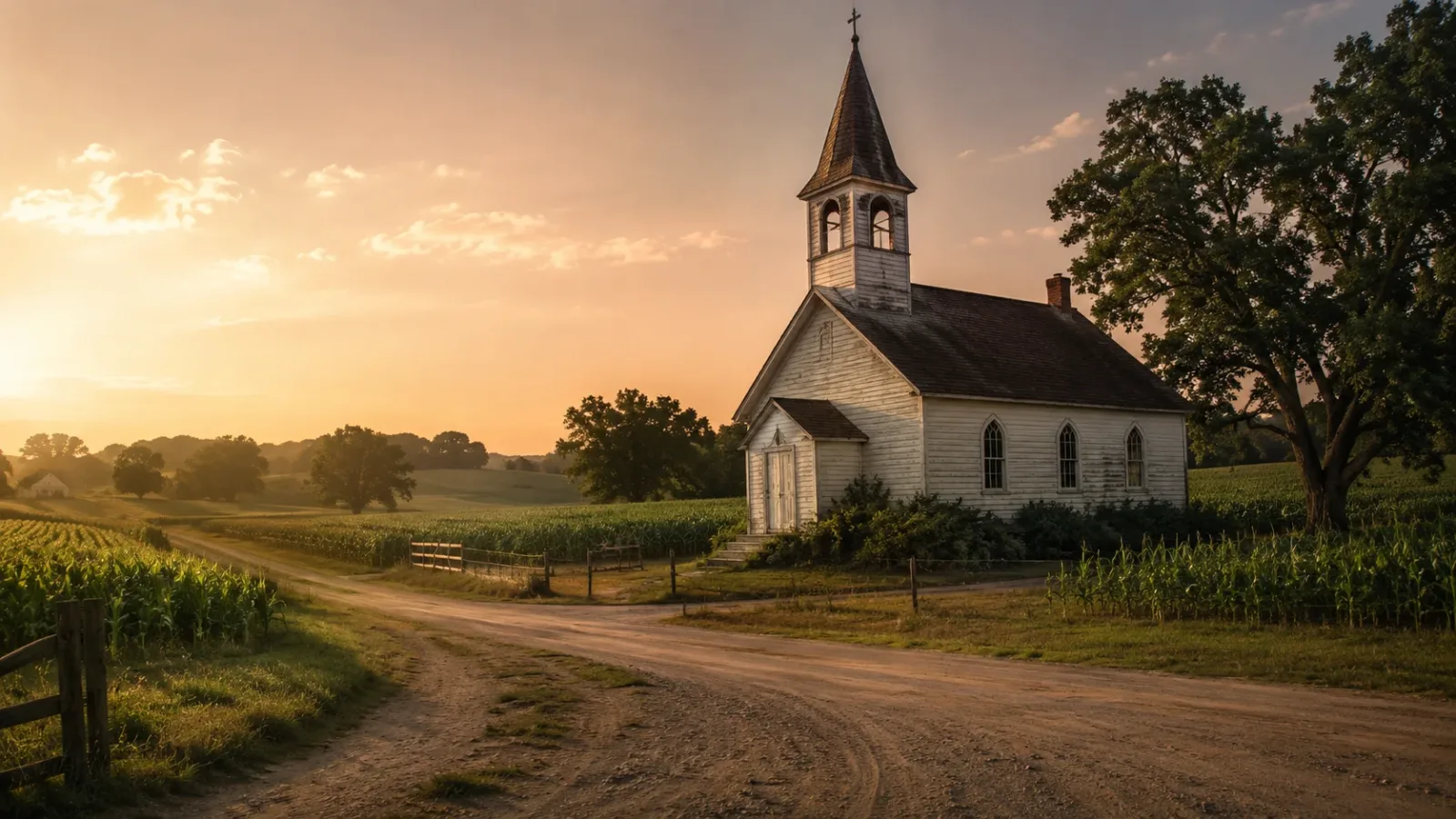 A nostalgic late 19th-century landscape of a wooden church in the rural farming community of Spillville, Iowa.