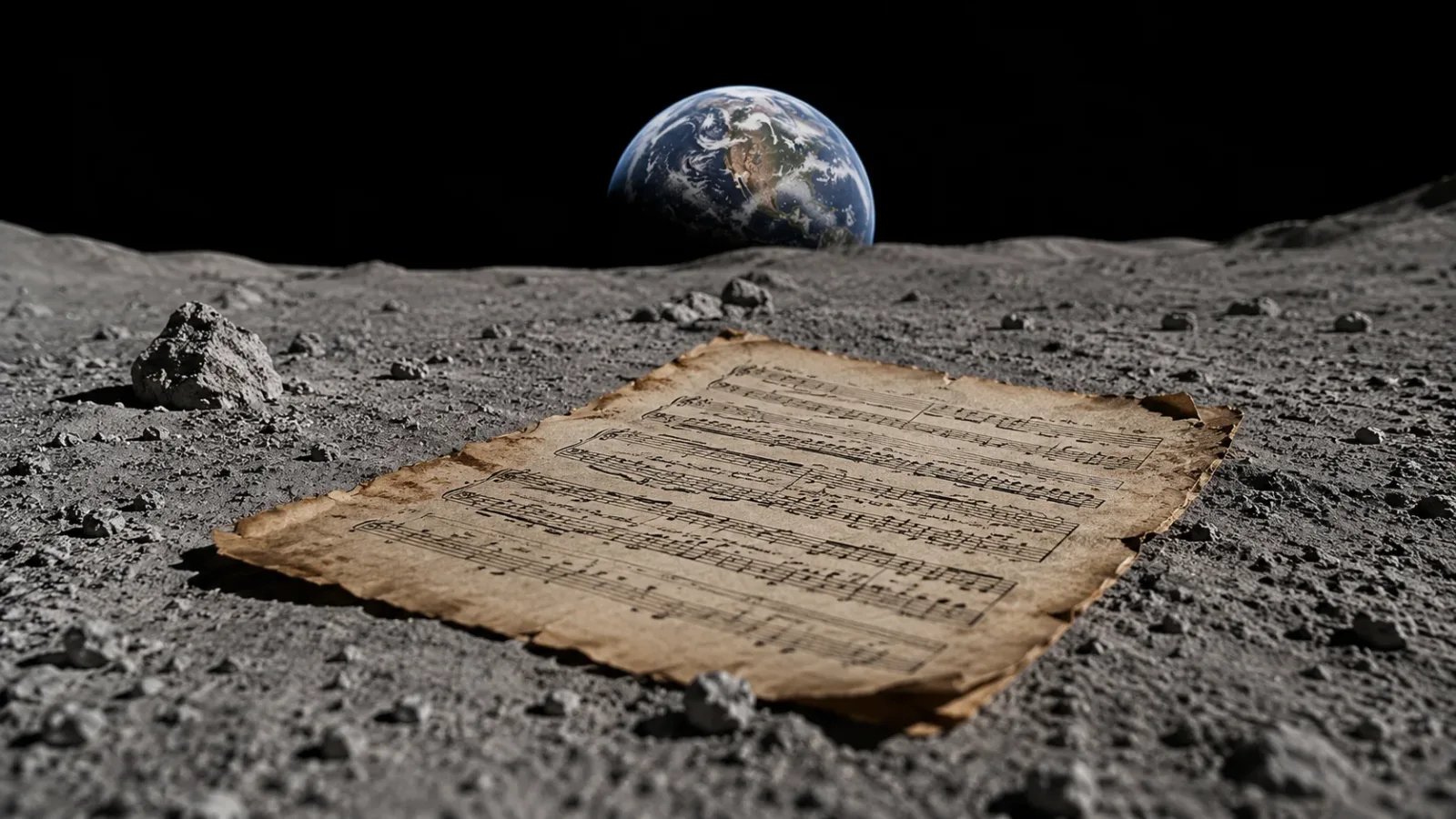 A surreal visualization of vintage classical music sheet score resting on the surface of the Moon with Earth in the background.