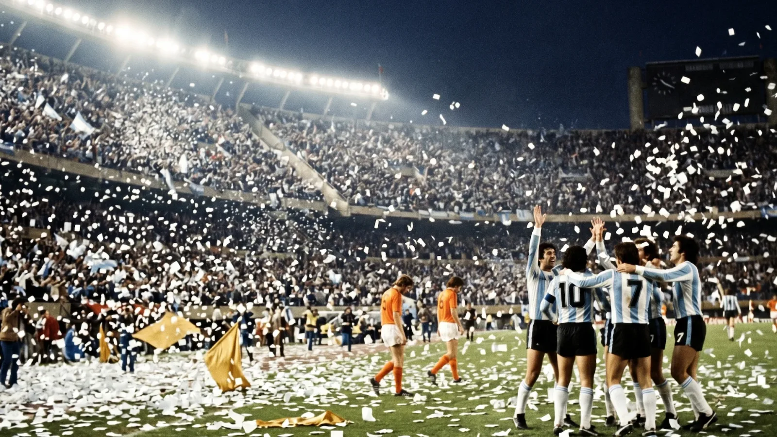 A vintage historical recreation of a packed stadium during the 1978 World Cup, with massive amounts of white paper confetti raining down on the pitch.