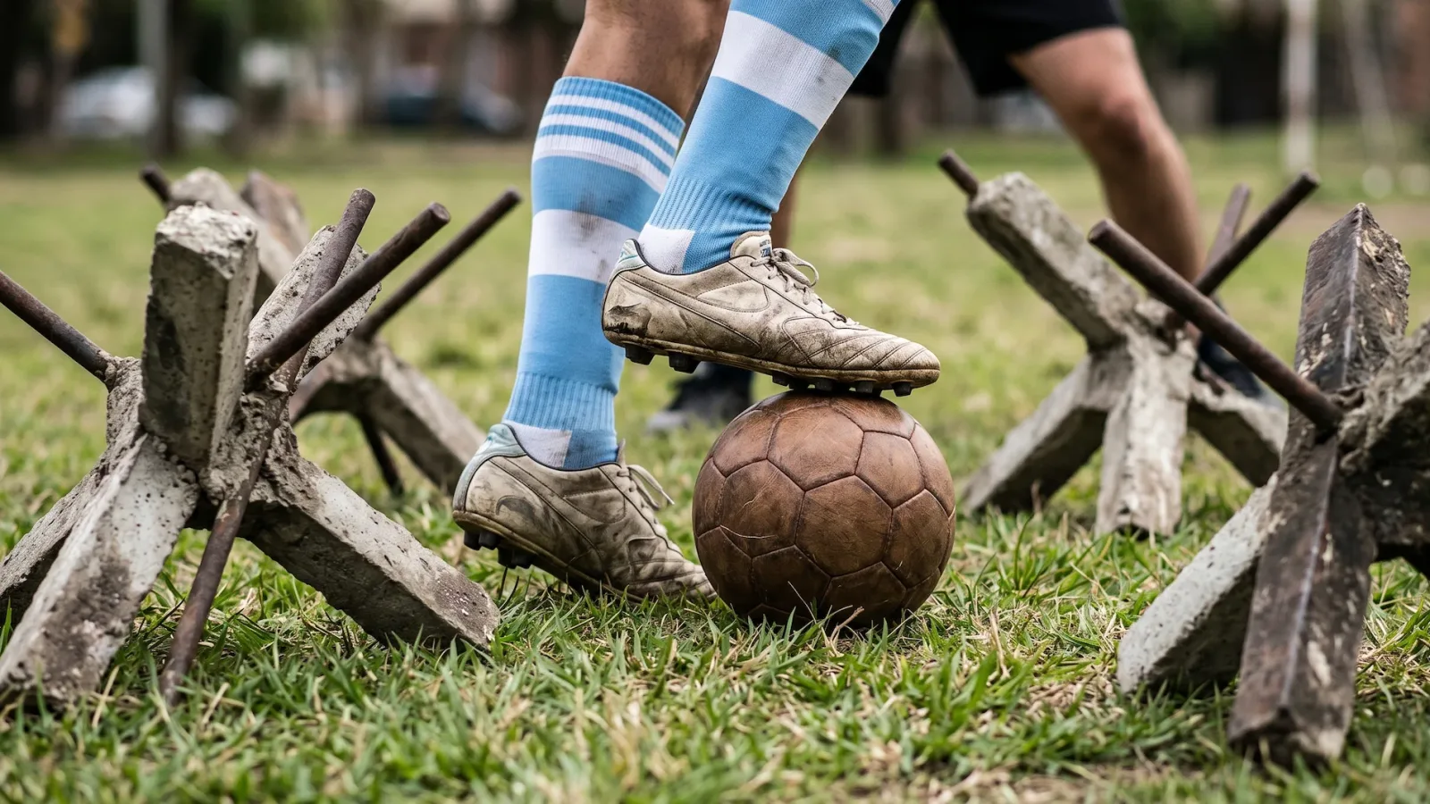 A low-angle close-up landscape shot of generic soccer boots and striped light blue and white socks controlling a classic leather ball on grass, with blurred background obstacles.