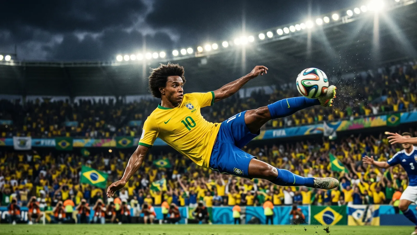 A dynamic action shot of a Brazilian soccer player in a yellow and blue kit performing a spectacular mid-air bicycle kick under stadium floodlights.