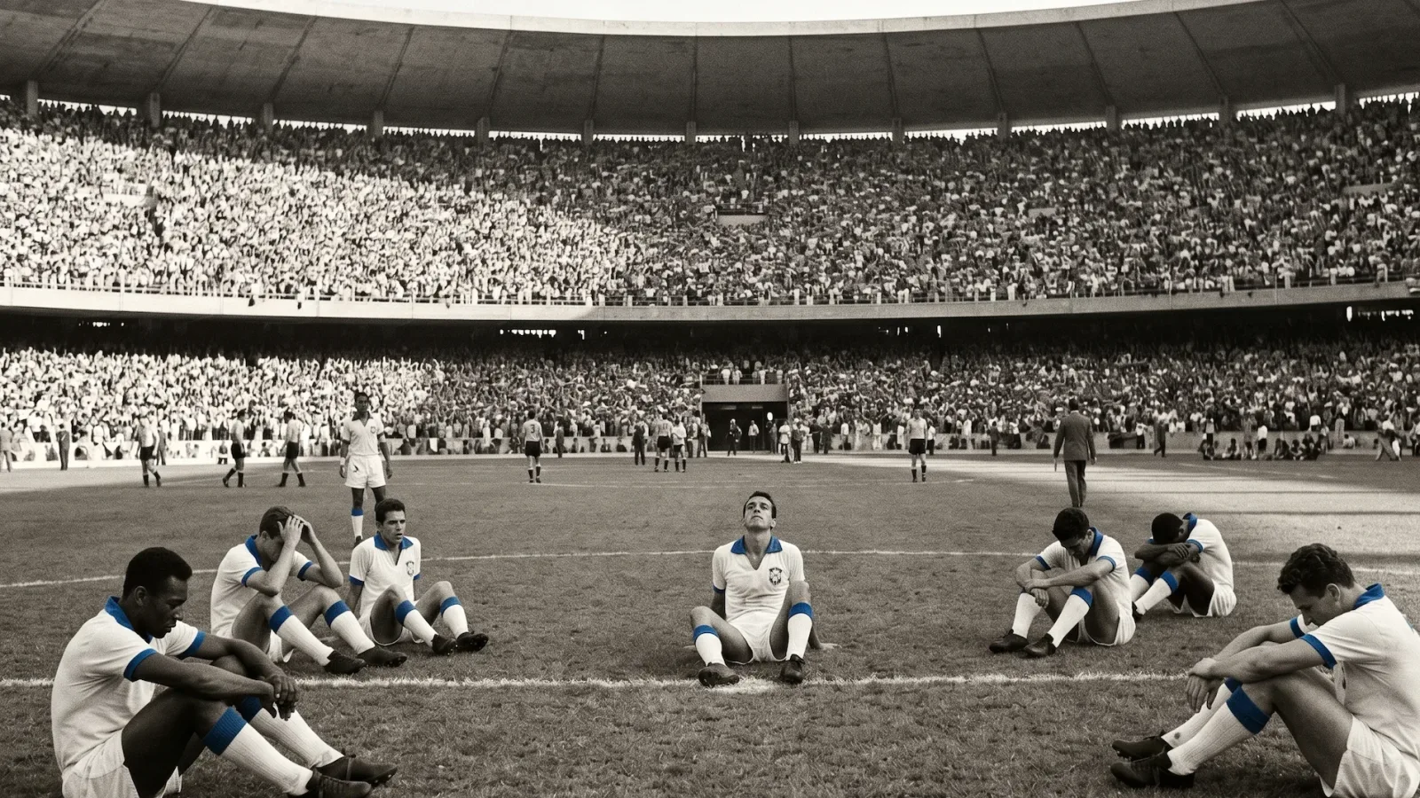 A vintage historical recreation of devastated Brazilian soccer players wearing white kits sitting on the pitch after their tragic 1950 World Cup loss at the massive Maracanã stadium.