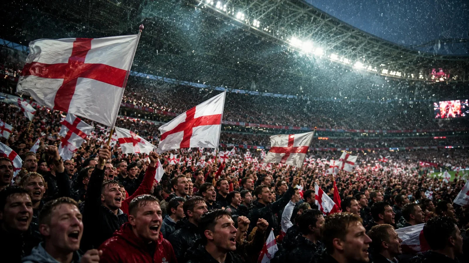 A dramatic wide shot of passionate English soccer fans waving the red and white St. George's cross flag in a packed stadium under the rain.