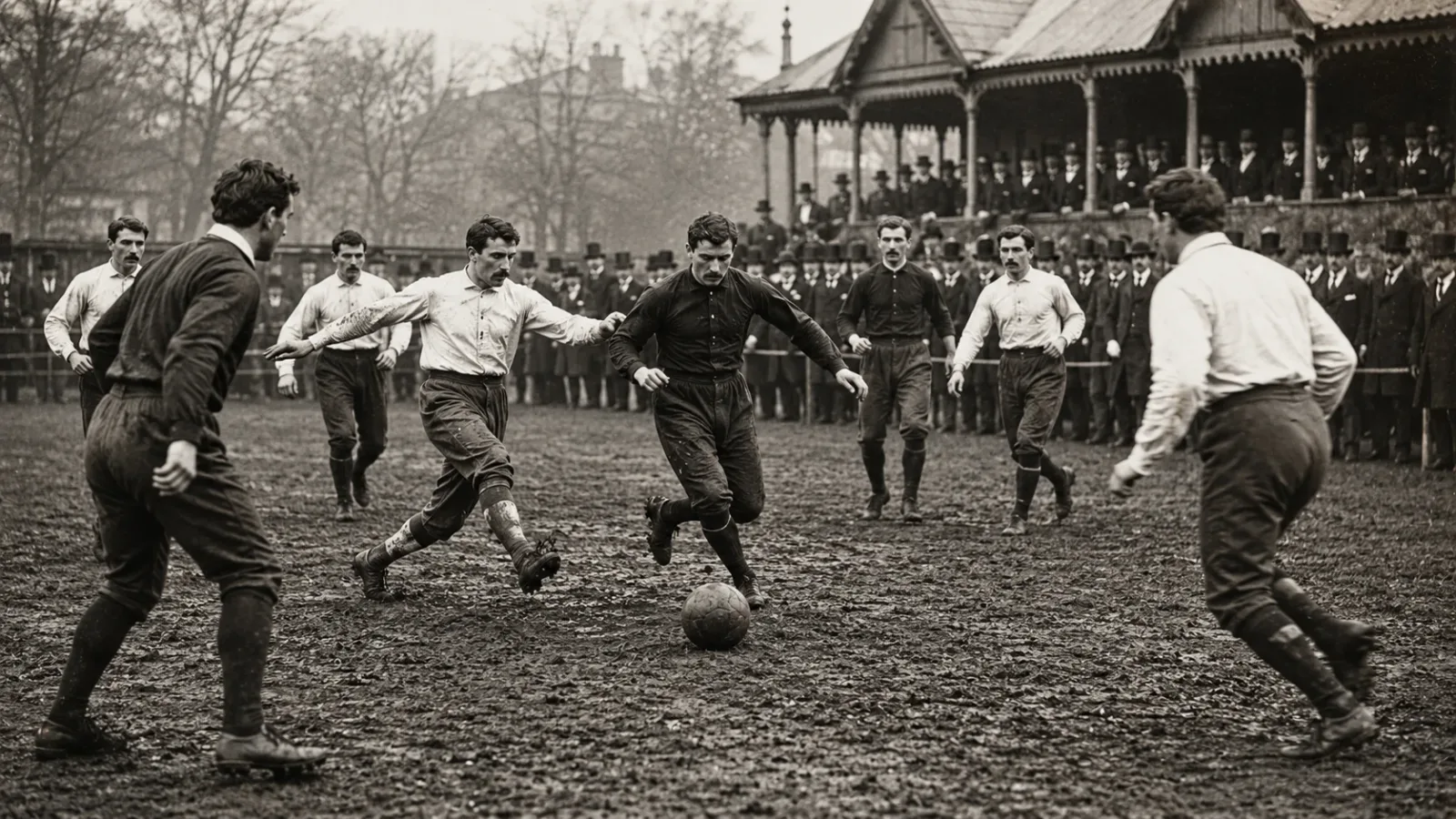 Alt text (EN): A vintage historical recreation of Victorian-era men playing in the first international soccer match in 1872 between England and Scotland.