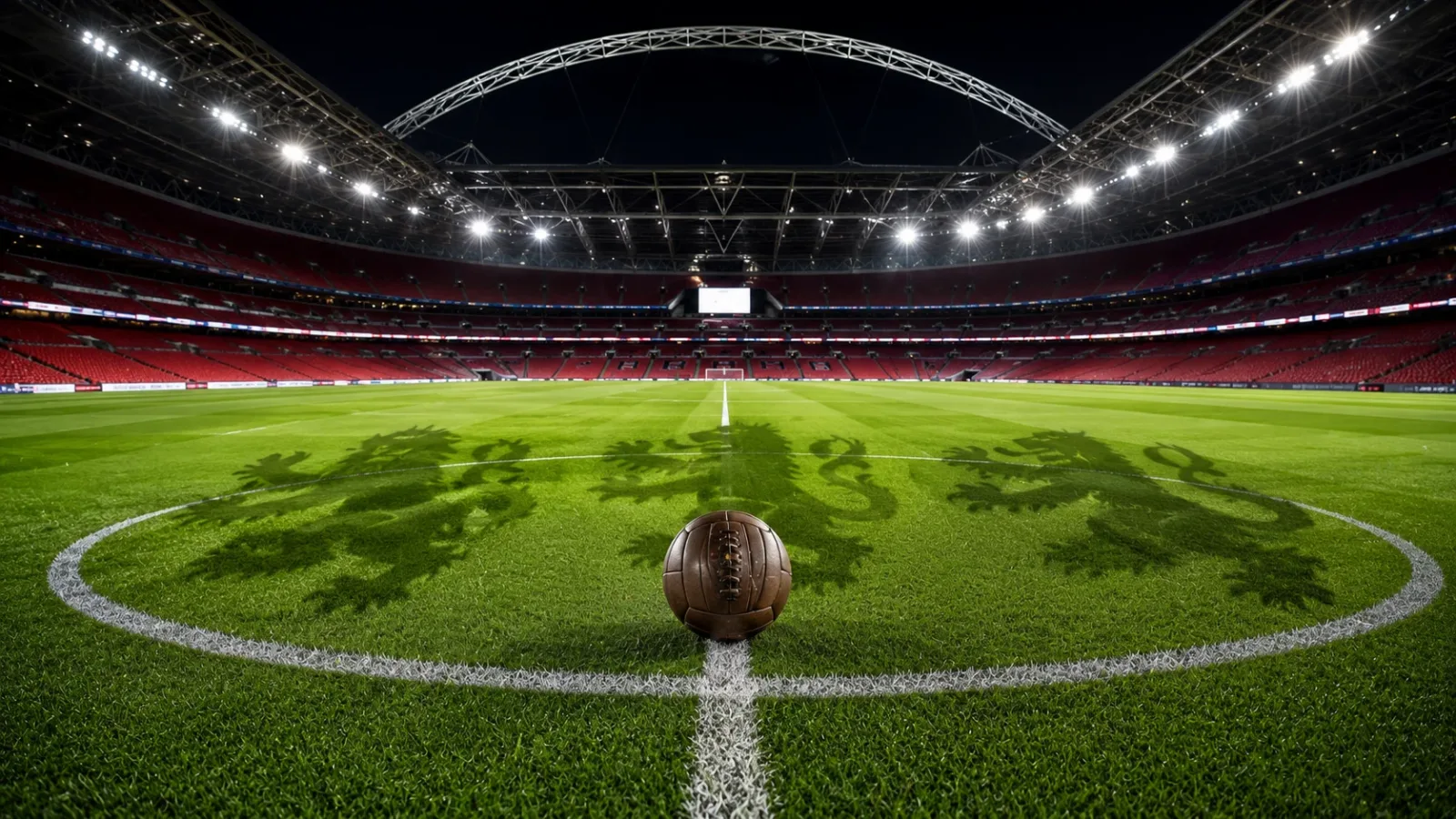 A vintage 19th-century leather football on the modern pitch of Wembley Stadium under floodlights, representing the deep history of English soccer.