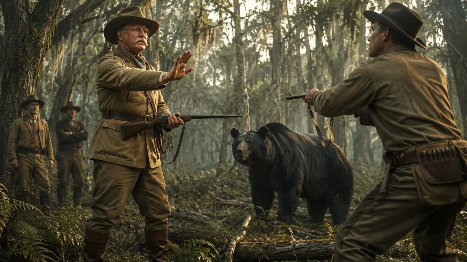 A historical recreation of Theodore Roosevelt in vintage hunting gear lowering his rifle in a misty forest.