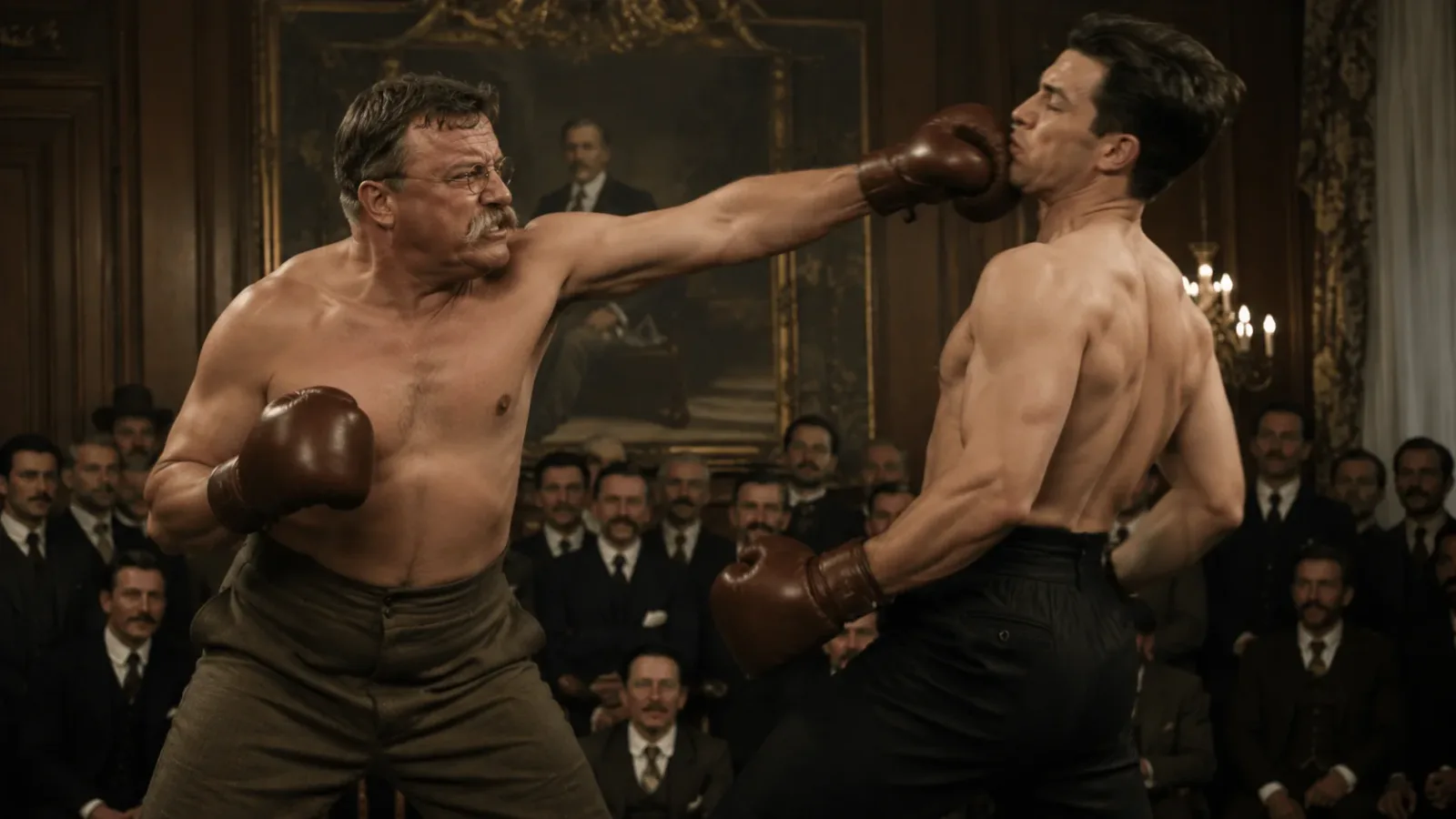 A dynamic historical scene of a boxing match taking place inside a wood-paneled room in the early 1900s White House.
