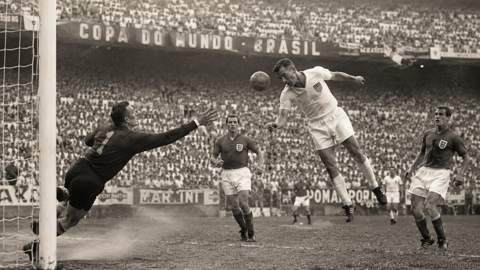 A vintage black and white photograph of a US player scoring against England in the historic 1950 World Cup match.