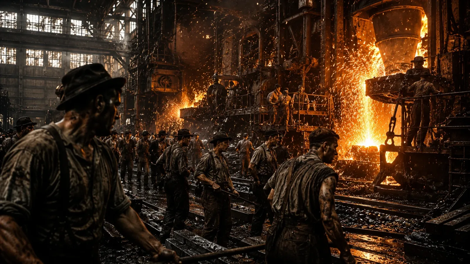 A gritty, realistic depiction of exhausted 19th-century workers inside a massive, dimly lit industrial steel mill.