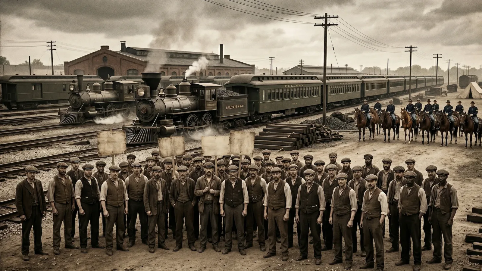 A historical recreation of the 1894 Pullman railroad strike with striking workers and halted steam locomotives in a dusty rail yard.