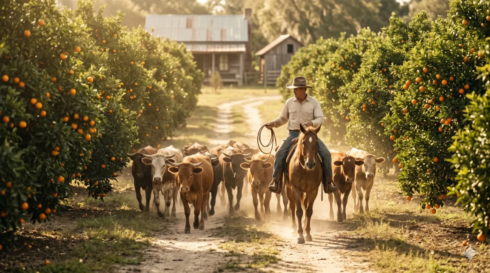 A vintage recreation of a Florida cowboy on horseback guiding cattle through an orange grove in the 1920s.