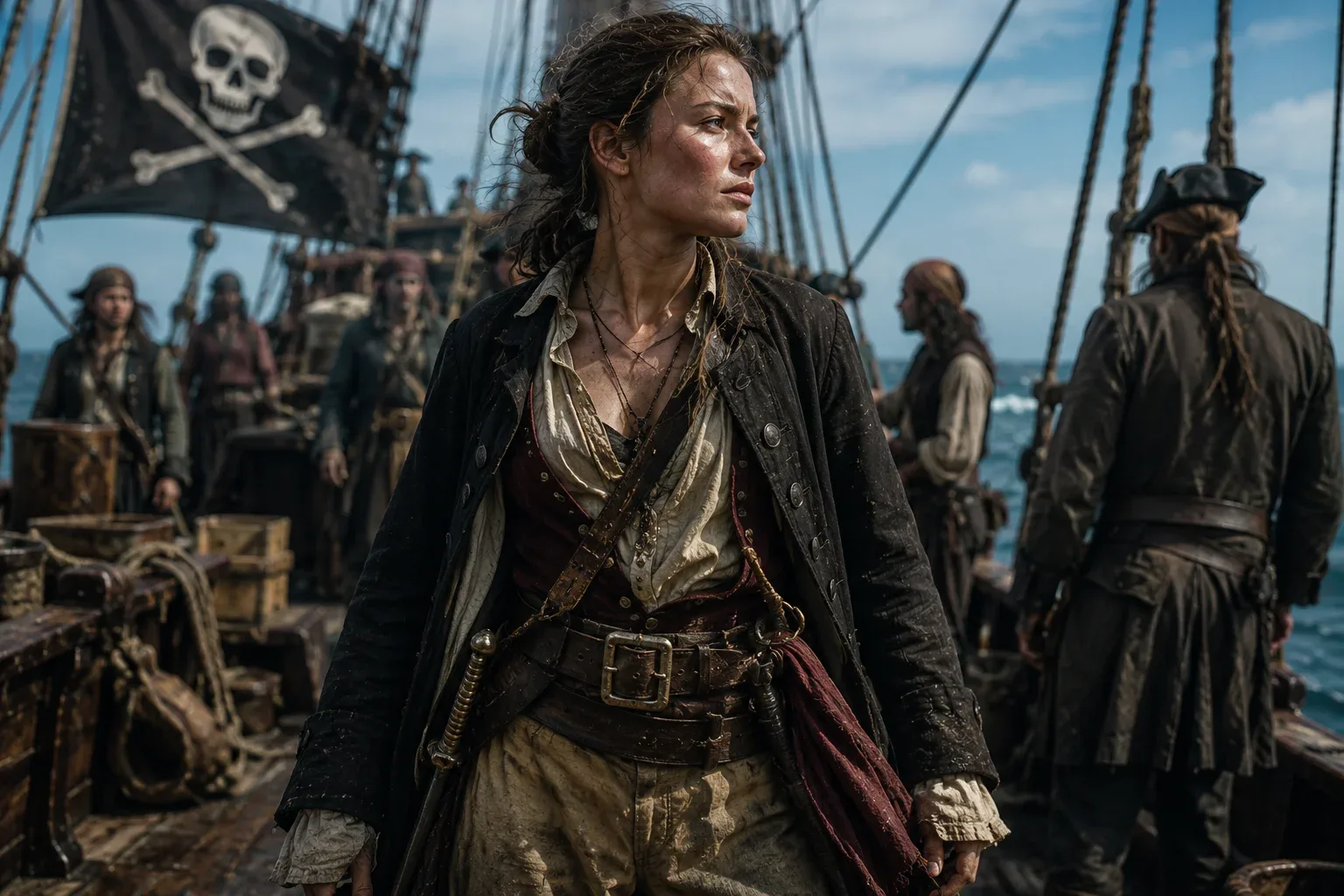 Woman pirate wears practical dress.