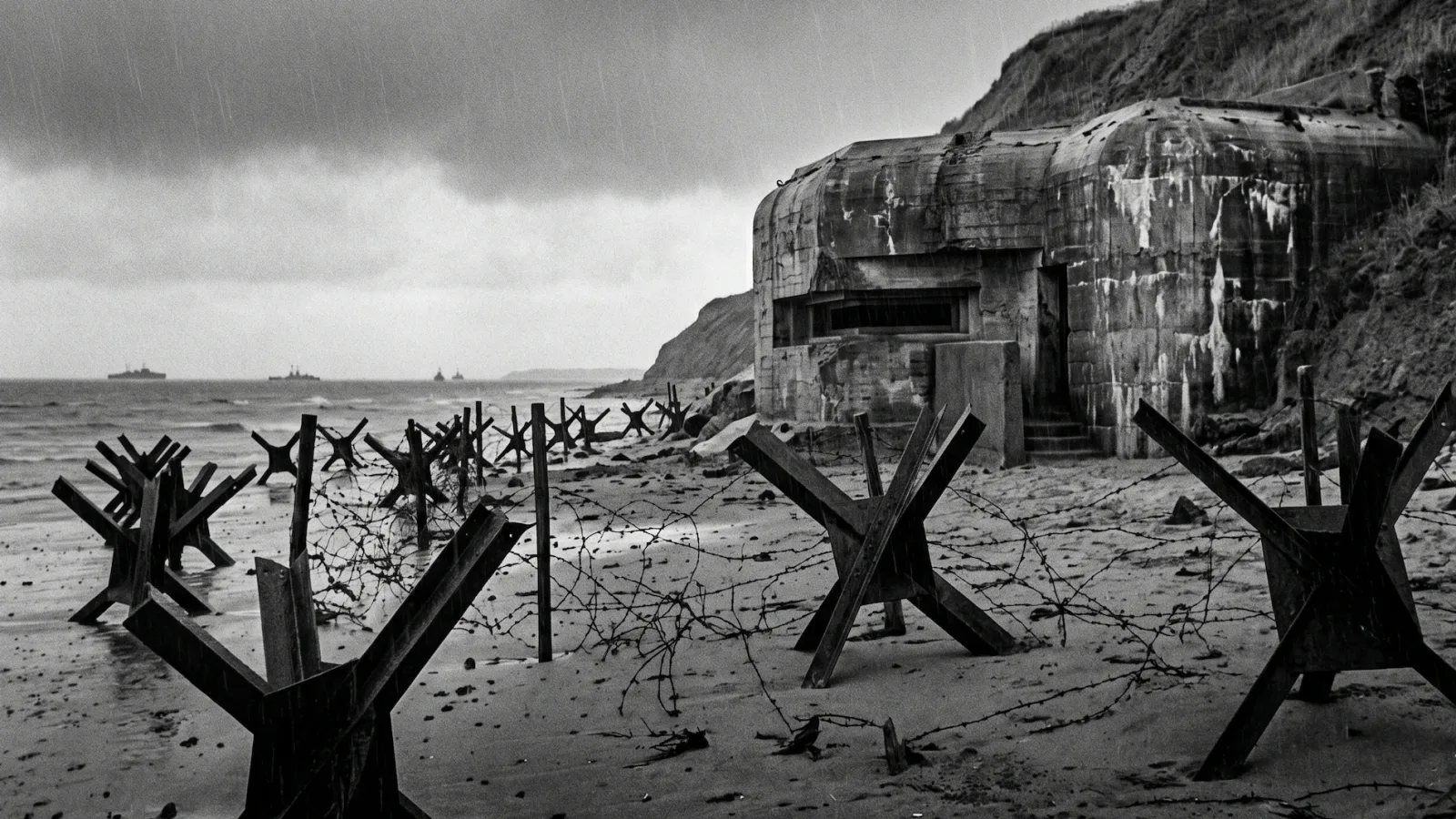 A gritty close-up of a German concrete bunker and steel tank obstacles on the wet sand of Omaha Beach.