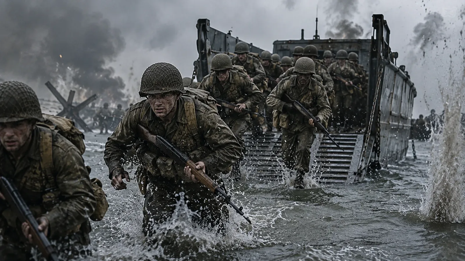 American soldiers bravely exiting a Higgins boat landing craft into the shallow surf at Normandy on June 6, 1944.