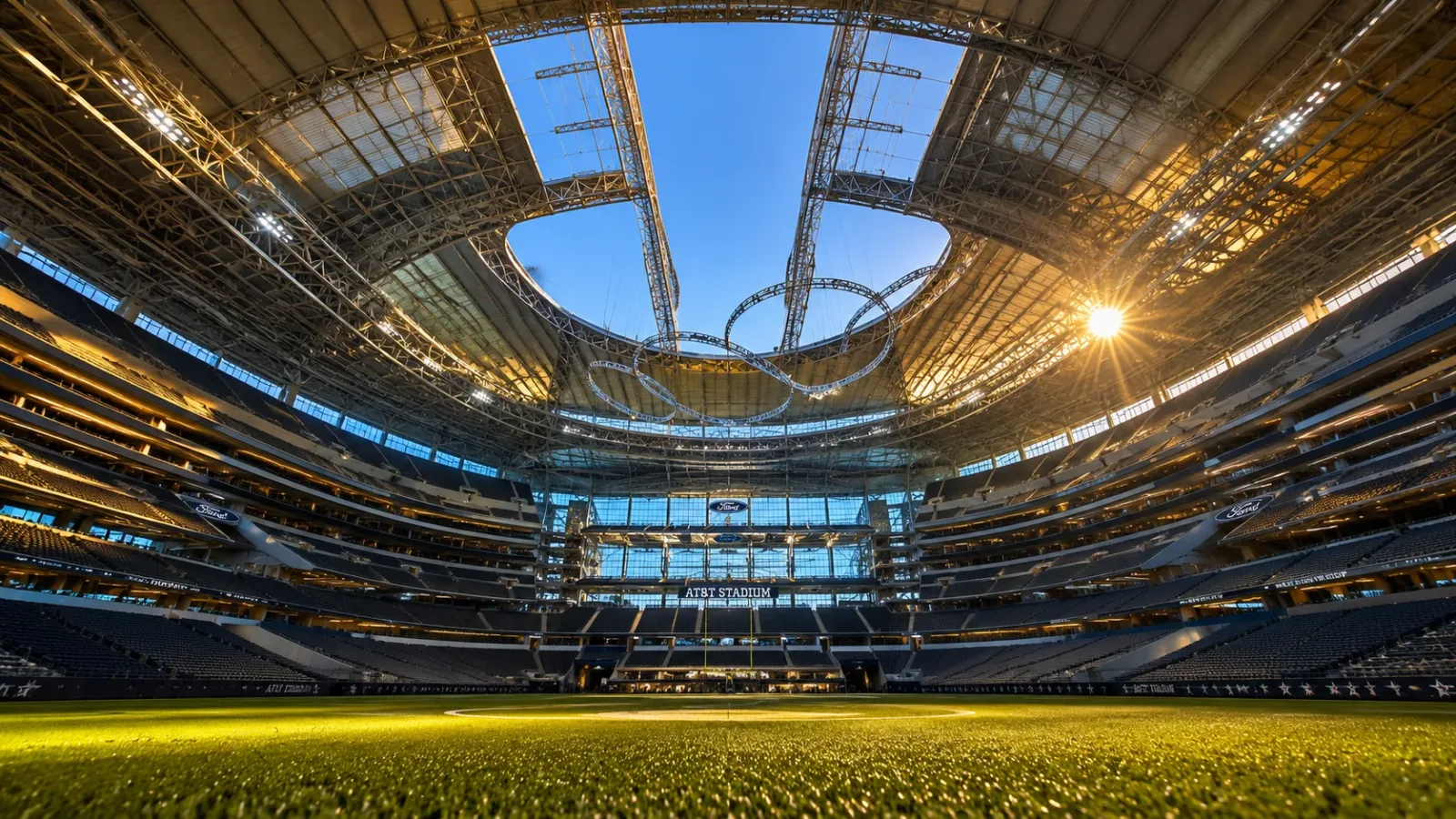 A photograph from inside AT&T Stadium looking up as the retractable roof opens to reveal the Texas sky, showcasing sunlight and integrated art.