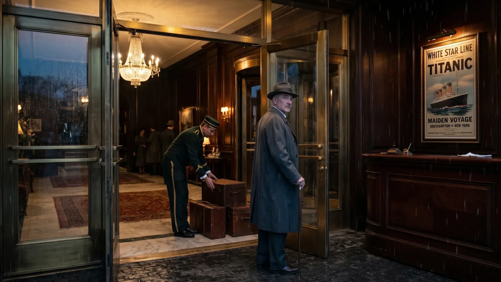 A cinematic historical scene showing Milton Hershey turning away from a luxury hotel counter, observing a large advertisement for the Titanic's maiden voyage at dusk.