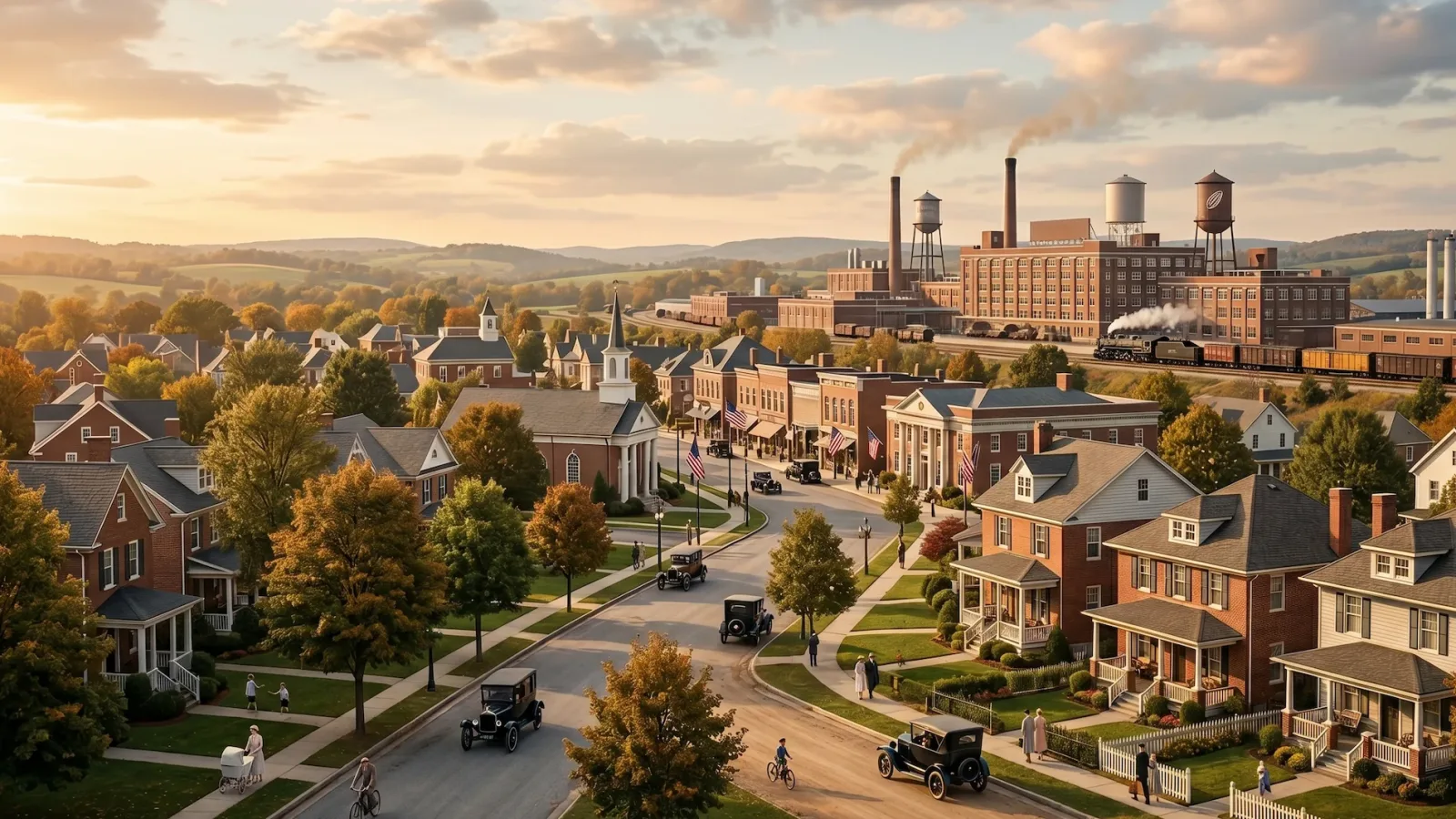 A nostalgic view of the clean, tree-lined streets of Hershey, Pennsylvania, in the 1920s, with the iconic Hershey chocolate factory visible in the background.