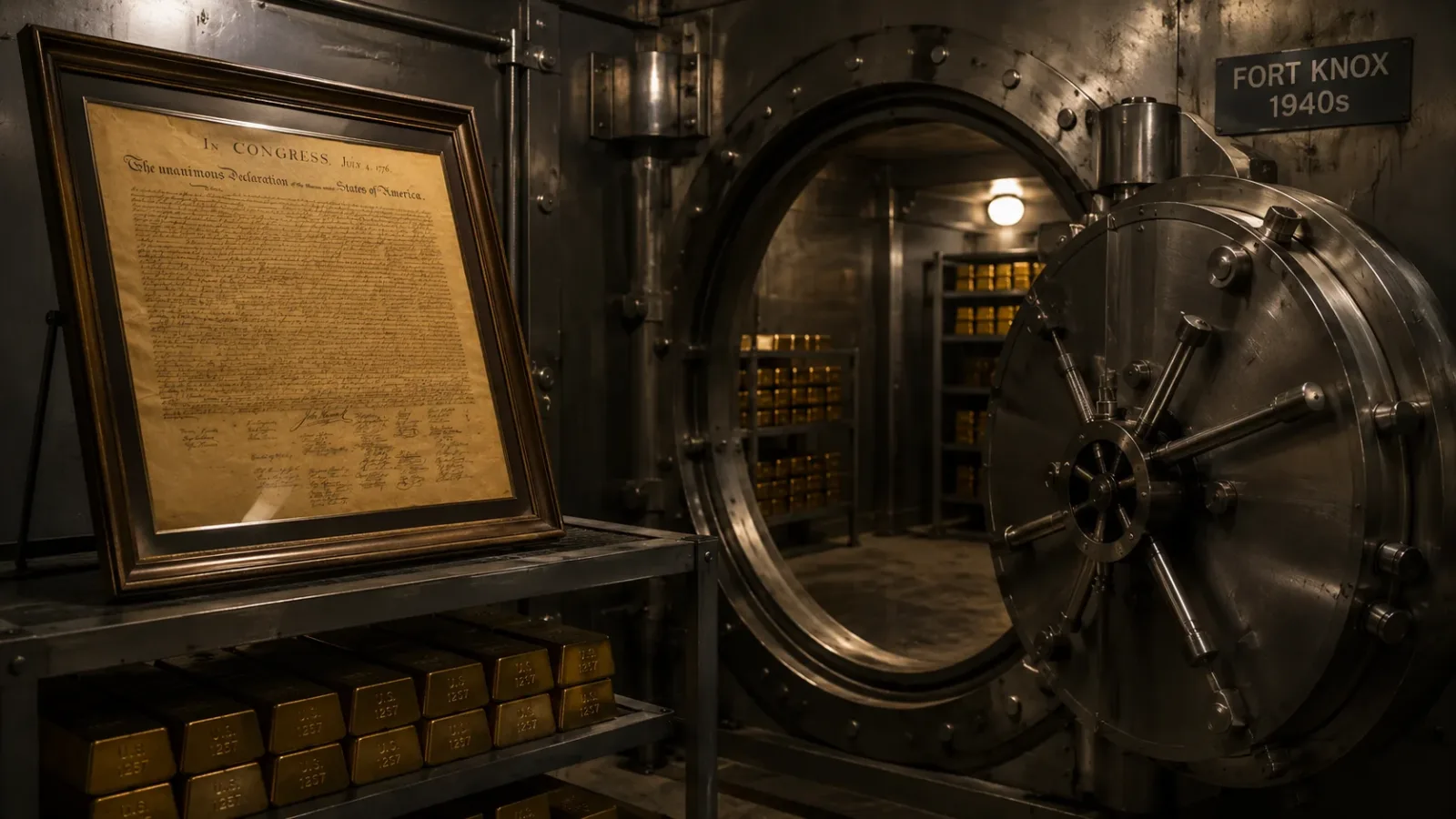 The historic Declaration of Independence document safely stored inside a reinforced steel vault next to gold bullion.