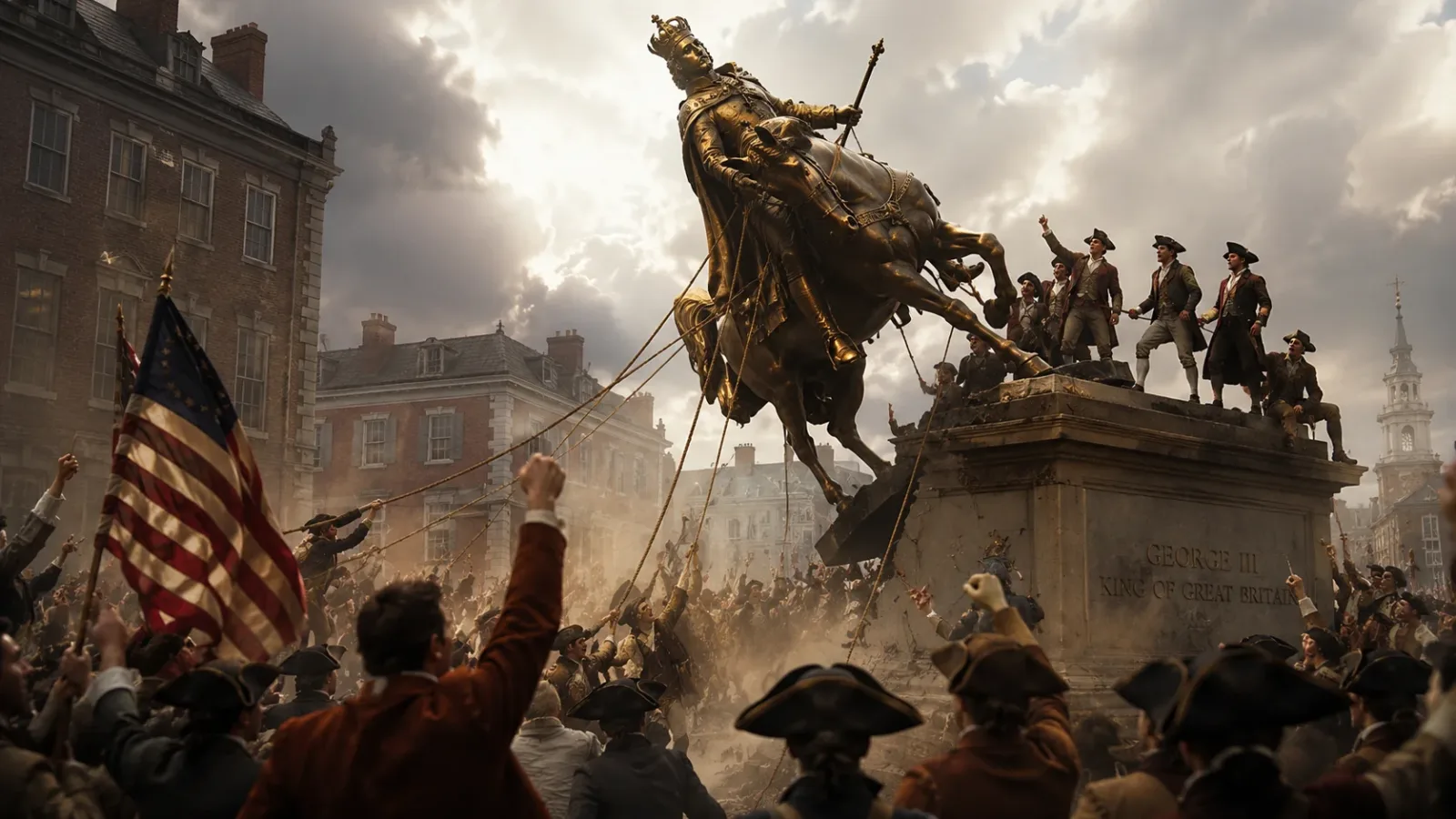 A dynamic historical photograph of a large, diverse crowd of American colonists and Continental soldiers intensely pulling down a massive gilded statue of King George III in 1776 after the adoption of the Declaration of Independence.