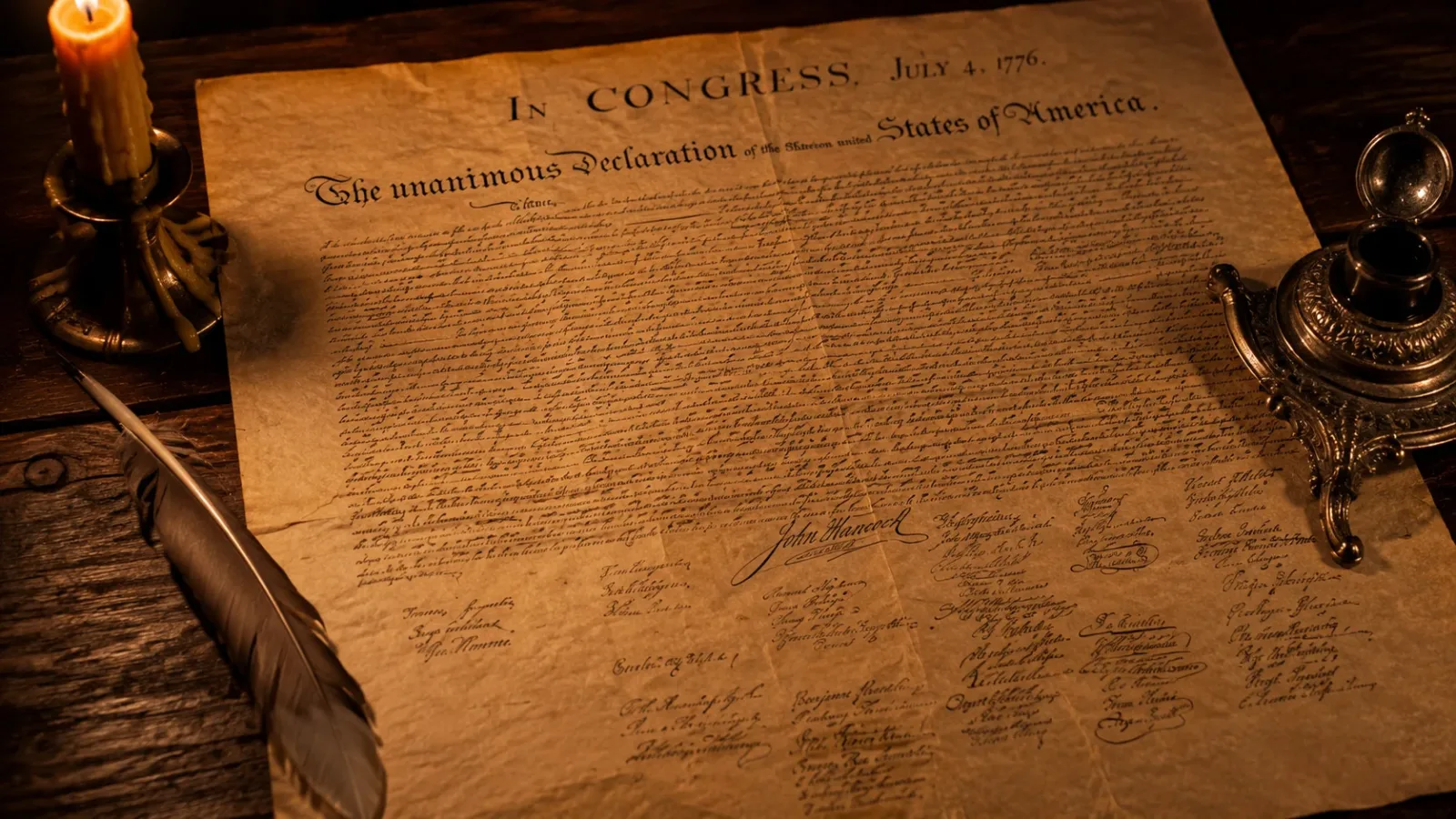 A highly detailed close-up of the aged Declaration of Independence parchment with a quill pen on a dark wooden table.