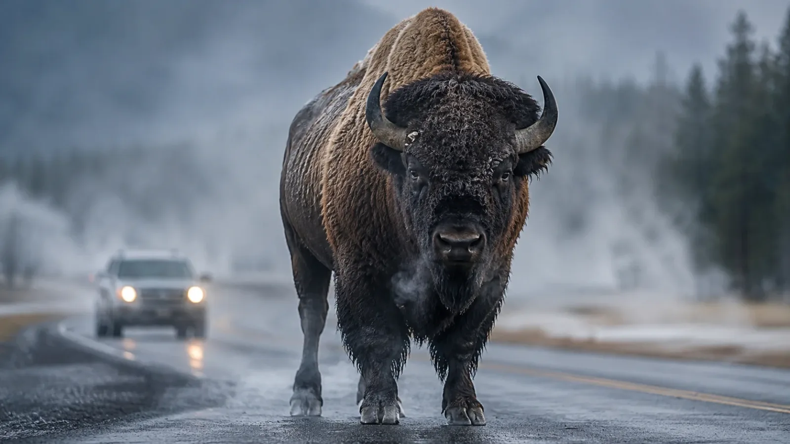 A massive, muscular bison standing aggressively in the middle of a misty road in Yellowstone National Park, blocking a stopped tourist car.