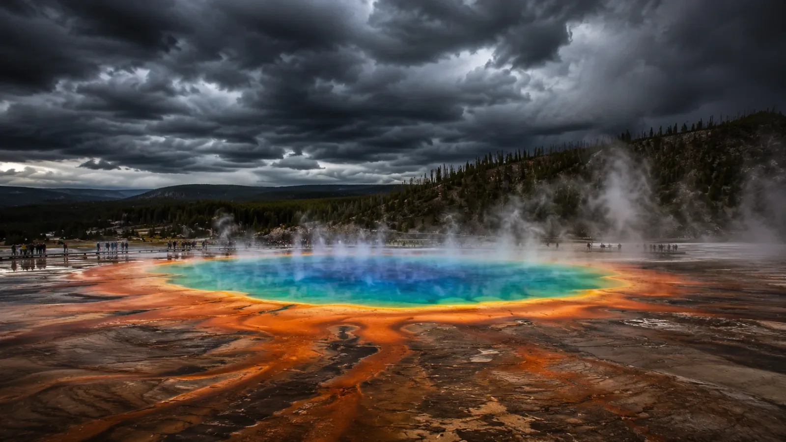 A breathtaking, photorealistic wide landscape shot of Yellowstone's Grand Prismatic Spring
