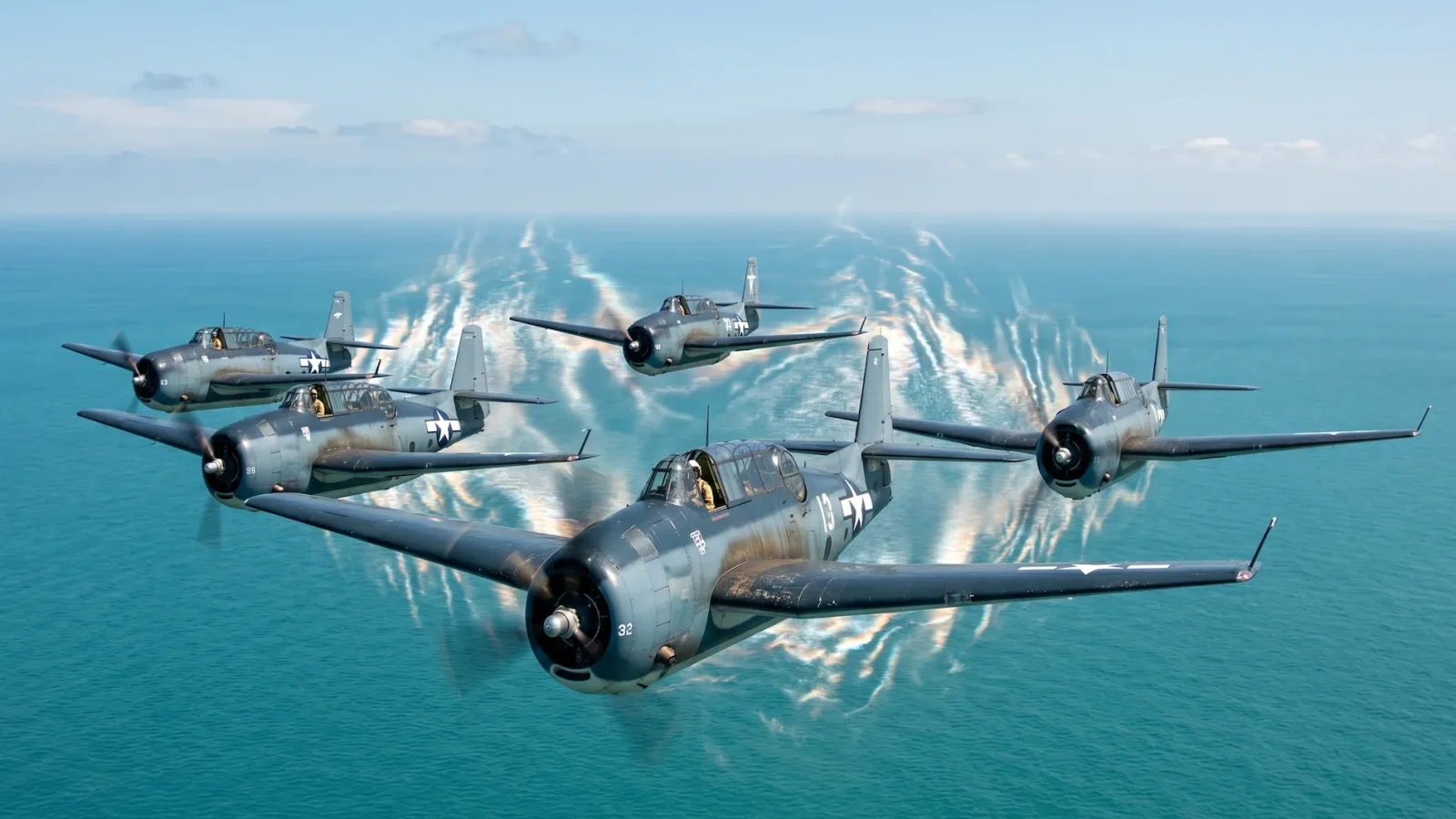 Historical photo of Flight 19, five TBM Avenger bombers, flying over the Caribbean ocean before their disappearance.