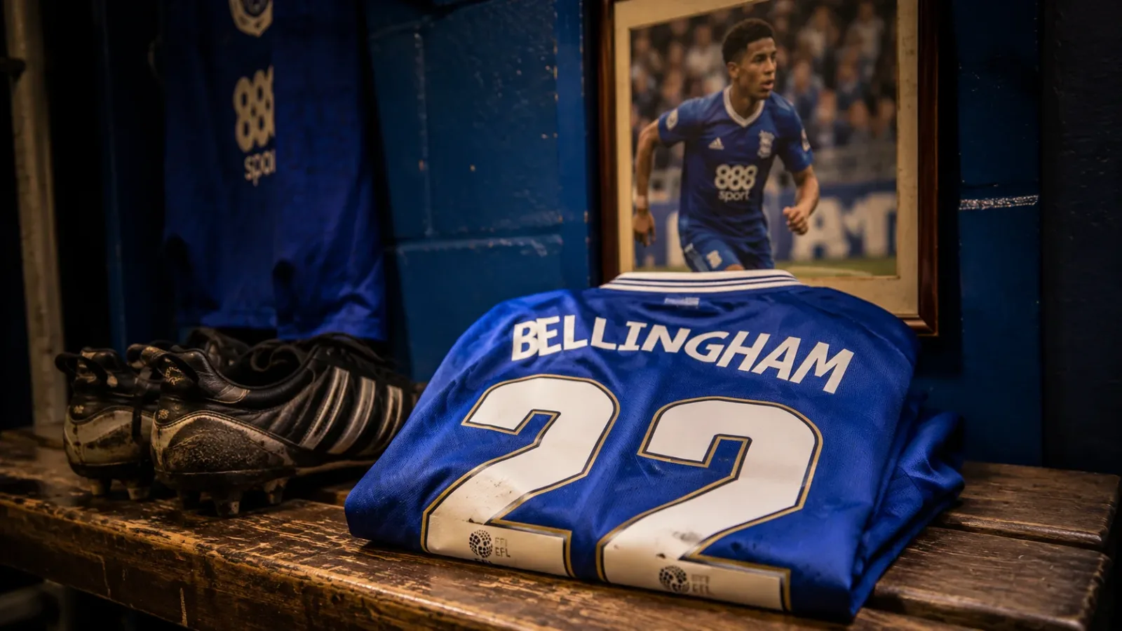 A detailed close-up of Jude Bellingham's retired number 22 Birmingham City jersey in a changing room, evoking his early career legacy.