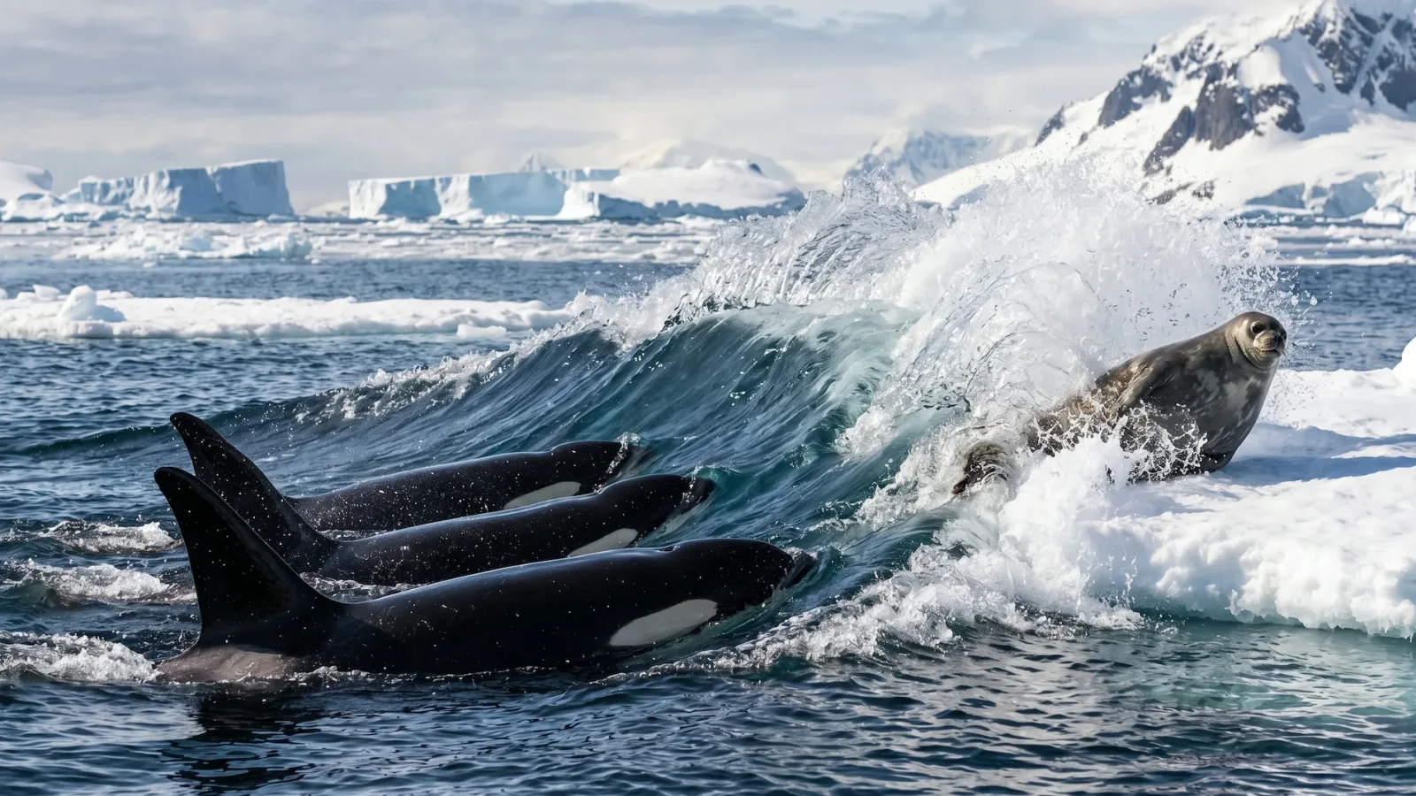 Three orcas swimming in unison to create a wave to wash a seal off an ice floe in Antarctica.